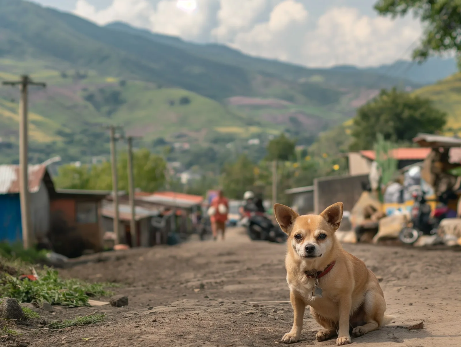 Perro pequeño con collar rojo sentado en una calle de tierra cerca de las casas de su barrio