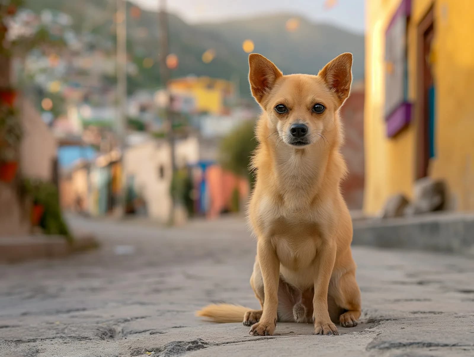 Perro pequeño color canela sentado solo en una calle empedrada con casas de colores