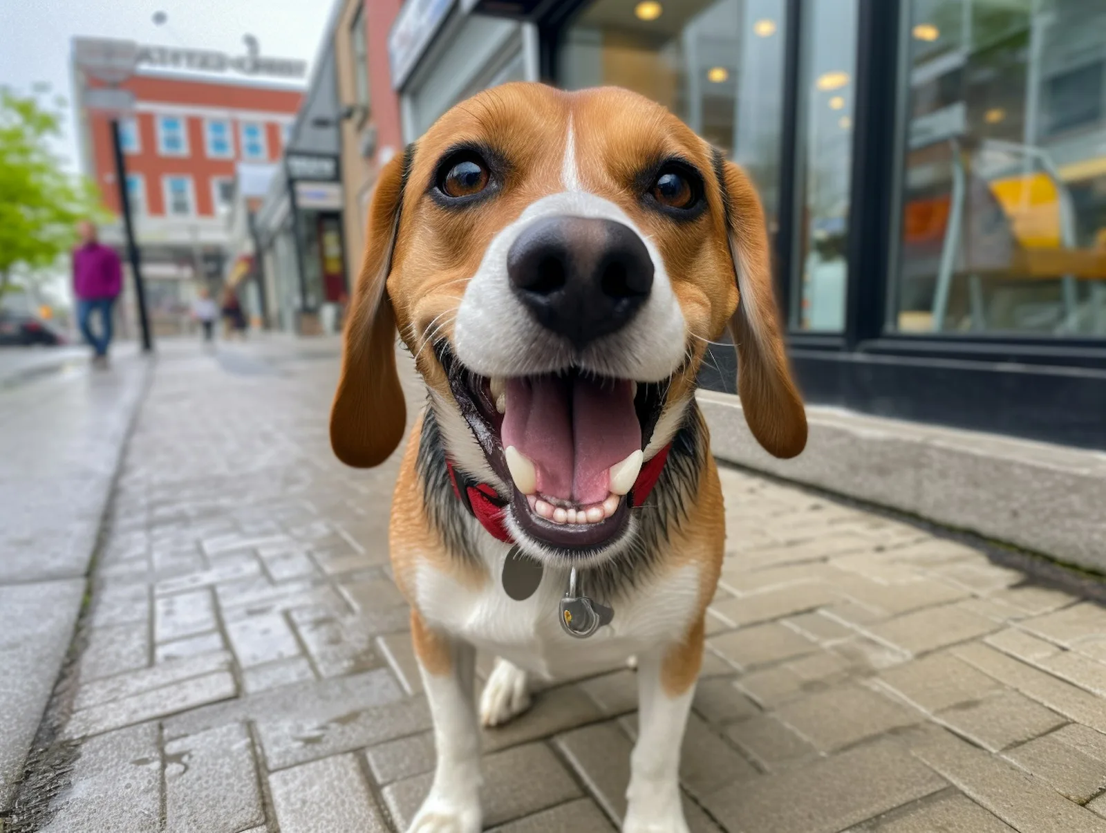 Beagle con collar rojo y placa de identificación en una acera de la ciudad